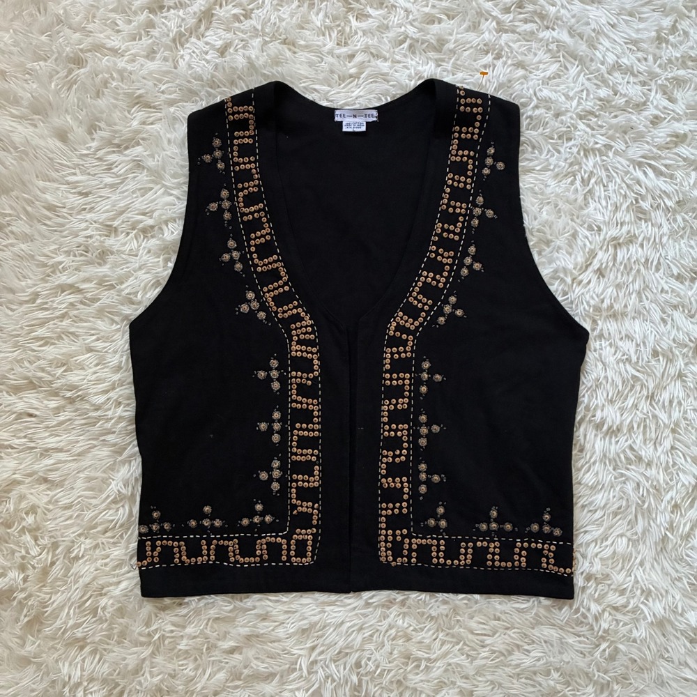Tee-N-Tee Black Cotton Beaded Sequin Vest Women Large Boho Open Front Sleeveless